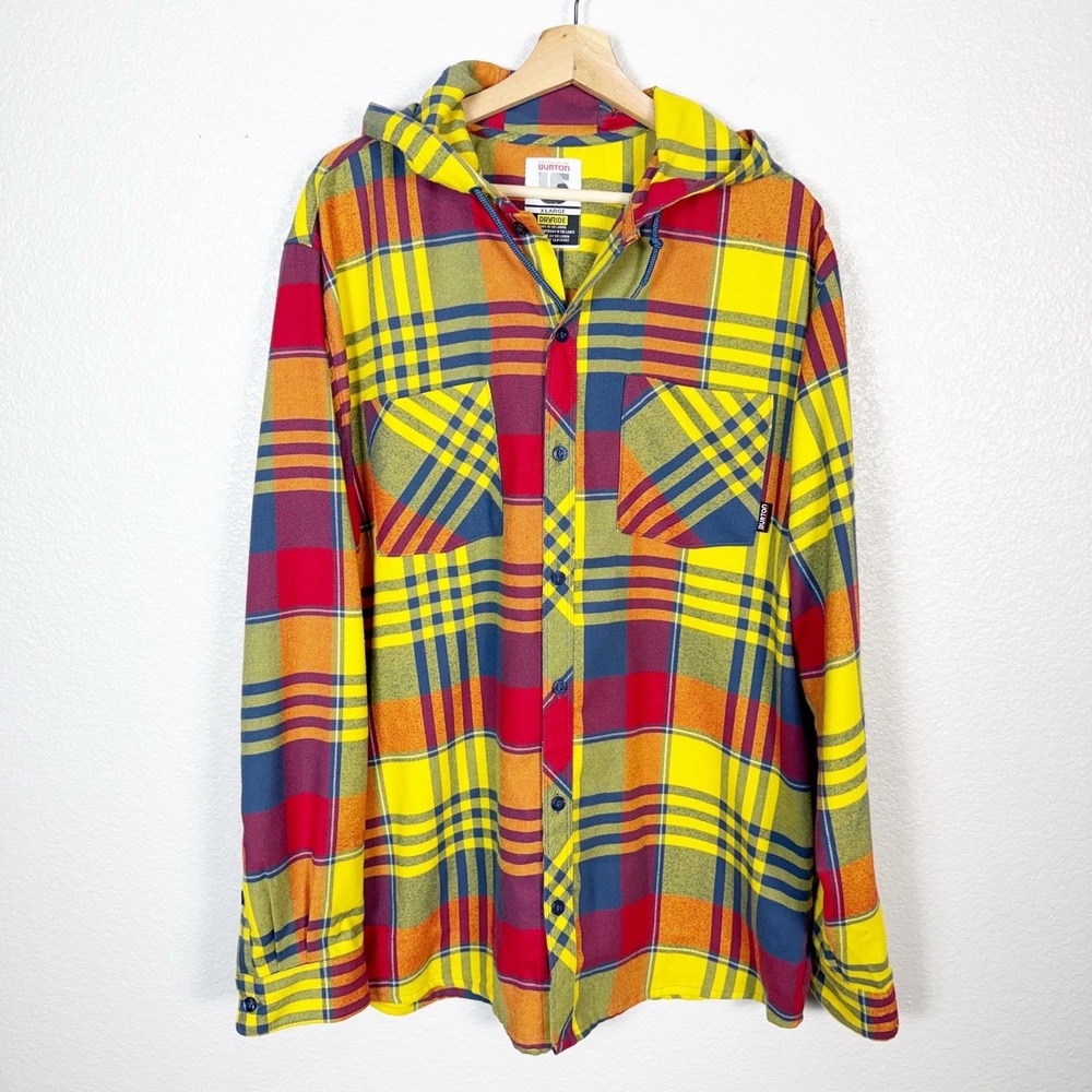 Burton Dryride Hooded Flannel Shirt Mens Size XL Yellow Red Plaid 90s Grunge